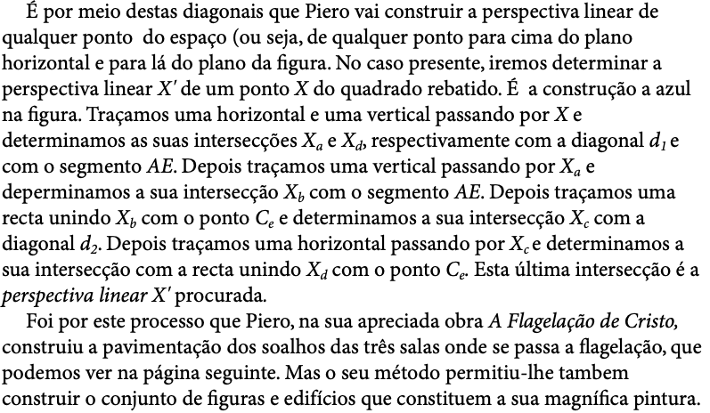  É por meio destas diagonais que Piero vai construir a perspectiva linear de qualquer ponto do espaço (ou seja, de qualquer ponto para cima do plano horizontal e para lá do plano da figura. No caso presente, iremos determinar a perspectiva linear X' de um ponto X do quadrado rebatido. É a construção a azul na figura. Traçamos uma horizontal e uma vertical passando por X e determinamos as suas intersecções Xa e Xd, respectivamente com a diagonal d1 e com o segmento AE. Depois traçamos uma vertical passando por Xa e deperminamos a sua intersecção Xb com o segmento AE. Depois traçamos uma recta unindo Xb com o ponto Ce e determinamos a sua intersecção Xc com a diagonal d2. Depois traçamos uma horizontal passando por Xc e determinamos a sua intersecção com a recta unindo Xd com o ponto Ce. Esta última intersecção é a perspectiva linear X' procurada. Foi por este processo que Piero, na sua apreciada obra A Flagelação de Cristo, construiu a pavimentação dos soalhos das três salas onde se passa a flagelação, que podemos ver na página seguinte. Mas o seu método permitiu-lhe tambem construir o conjunto de figuras e edifícios que constituem a sua magnífica pintura. 